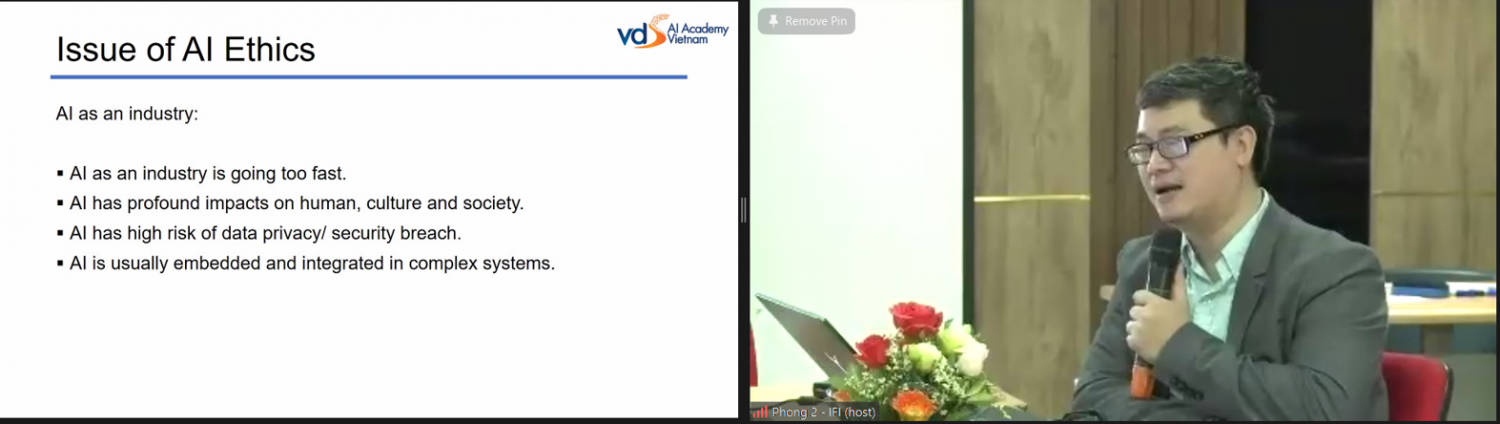 Ông Nguyễn Xuân Hoài, Viện trưởng Viện Trí tuệ nhân tạo Việt Nam (AI Academy Vietnam) với tham luận “Ứng dụng trí tuệ nhân tạo, một số khía cạnh đạo đức”